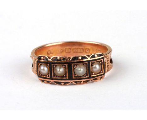 A Victorian 15ct gold and black enamel mourning ring set with four seed pearls, 9g.Condition ReportPearls are in good conditi