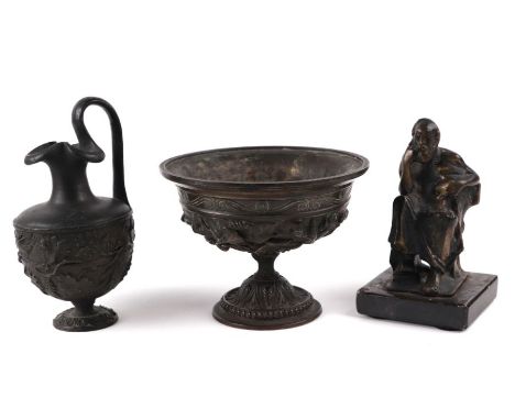A Grand Tour style Roman bronze ewer, 15cms high; together with a bronze model of a seated philosopher on a slate plinth, 13c