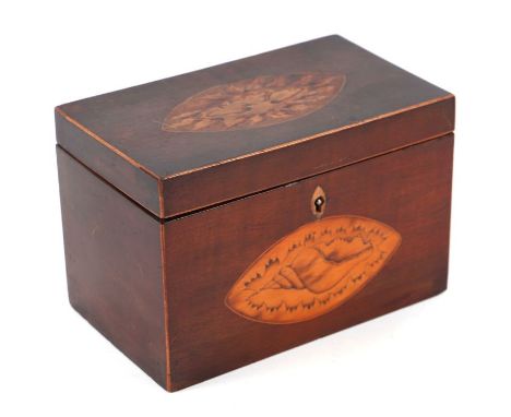 A 19th century mahogany tea caddy with marquetry shell inlaid decoration, lacking interior, 19cms wide.Condition ReportMissin