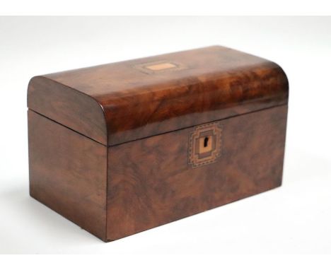 A Victorian figured walnut two-division tea caddy, 26cms wide.