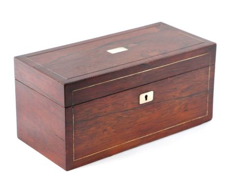 A Victorian rosewood tea caddy with mother of pearl stringing, 29cms wide.