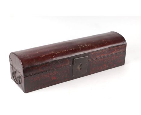 A Chinese dome topped leather scroll box with the remains of gilt decoration, 50cms long.