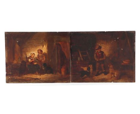 18th / 19th century school - Children Feeding a Dog in a Cottage - initialled in red lower left, oil on panel, 25 .5 by 20.5;