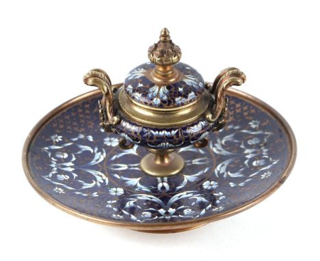 A French Napoleon III champlevé enamel and ormolu inkstand with glass liner, 17cms diameter.