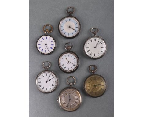 A group of open faced silver cased fob watches with white enamel and silvered dials, various dates and makers marks (7).