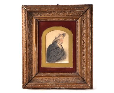 18th / 19th century school - Portrait of a Young Lady Wearing a Bonnet - watercolour, framed &amp; glazed, 10 by 14cms.