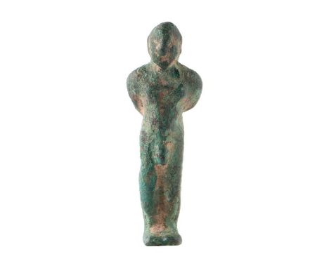 A bronze figure of a man mounted on a Perspex plinth, overall 13cms high.