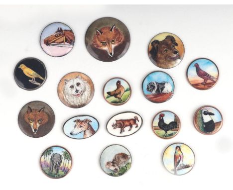 A collection of sixteen small painted enamel animal circular and oval plaques, dogs, chickens, horses and similar, the larges
