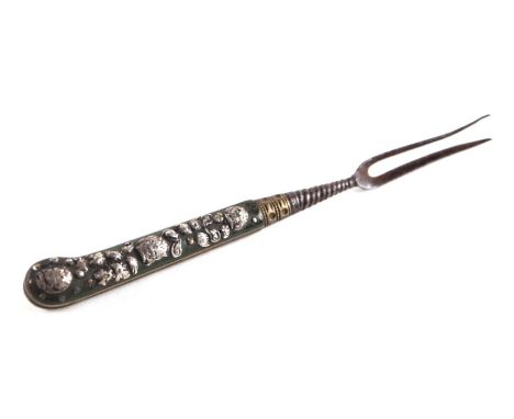 A Georgian steel two-pronged fork with silver coloured metal steel and green enamel handle.