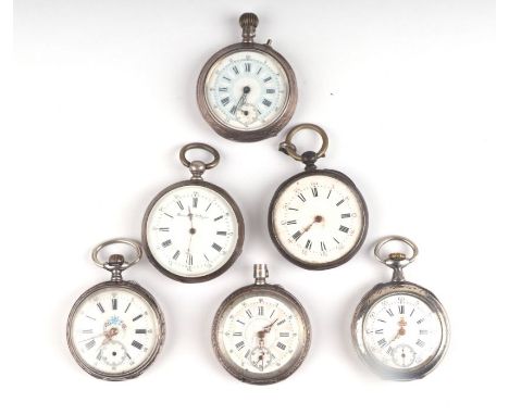 A group of silver cased open faced pocket watches, with white enamel dials, various dates and makers marks (6).