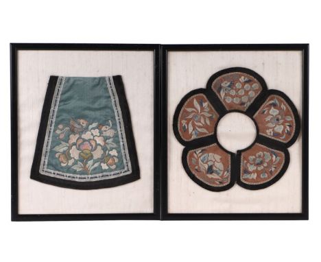 A Chinese silk embroidered collar, 23cms diameter, framed &amp; glazed; together with a similar Chinese silk embroidered pane