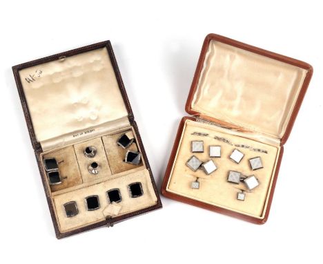 An early 20th century gentleman's 14ct white gold, silver and enamel dress set to include cufflinks, buttons and studs, boxed