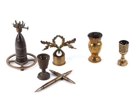 A quantity of WW1 trench art including an oil lamp made from an inert artillery shell 14.5cms (5.75ins) tall, crucifix made f