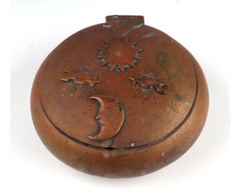 A Georgian novelty brass combination locking snuff box, of compressed circular form, with three dials being the sun and two c