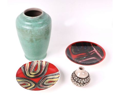 A group of Poole Pottery ceramics to include a Delphis footed dish by Margaret Anderson, 20cms diameter; together with anothe
