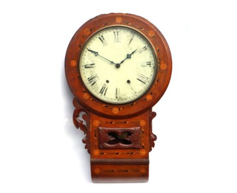 A Victorian inlaid mahogany drop-dial wall clock, the white painted dial with Roman numerals, 69cms high.Condition ReportTher