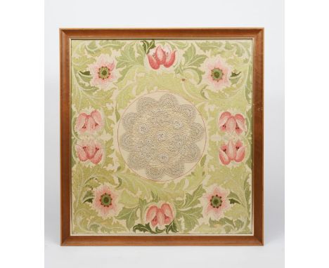 A silk embroidered panel in the manner of Morris &amp; Co, rectangular, embroidered with a border of pink flowers in scrollin