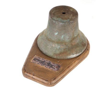 A WW2 RAF Dinjan 5 Squadron Scramble Bell. A bronze bell 14cms (5.5ins) high by 19.5cms (7.625ins) diameter at the bottom and