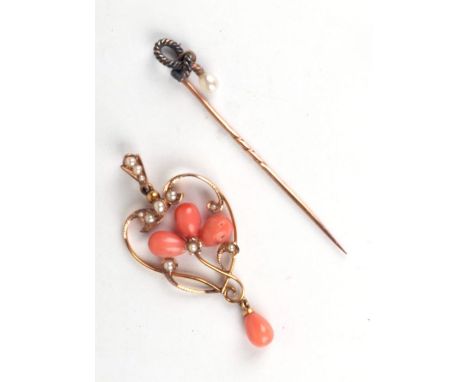 A Victorian 9ct gold coral and pearl pendant; together with a pearl set stick pin, boxed.