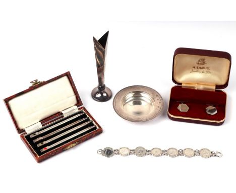 A boxed set of sterling silver bridge pencils; together with a silver spill vase; a silver pin dish; a pair of silver cufflin