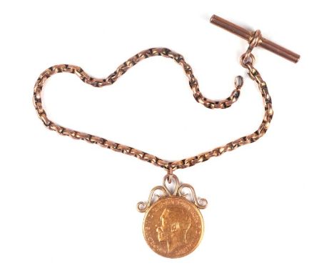 A George V half sovereign, 1912, mounted on an Albert chain.Condition ReportThe T bar and chain look to be rolled gold and th