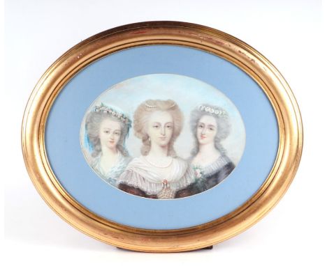 19th century school - an oval portrait depicting three young ladies, watercolour, framed &amp; glazed, 34 by 26cms.Condition 