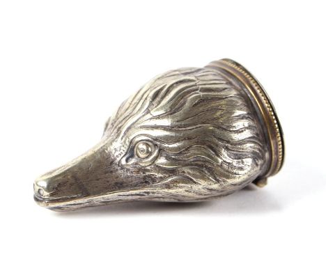 A 19th century silver plated fox head snuff box, initialled, 7.5cms long.Condition ReportThe plate is worn and there is an ol