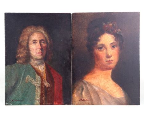 A Stademaer (?) a pair of portrait miniature paintings depicting a lady and gentleman in 18th century dress, oil on panel, bo