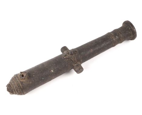 A 17th century bronze Lantaka cannon barrel, 29cms (11.5ins) long with an approximate bore diameter of 2cms (0.75ins) and wit