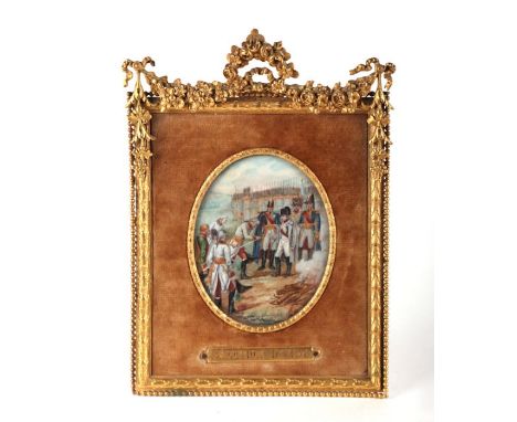 A 19th century oval miniature on ivory depicting a scene of the Battle of Ulm featuring Napoleon receiving a sword from the d