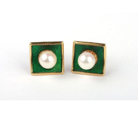 A pair of 18ct gold and green enamel stud earrings, each set with a single pearl, 5g.