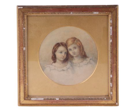 19th century school - Portrait of Two Young Girls - watercolour, framed &amp; glazed, 14cms diameter.