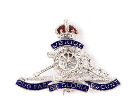 An 18ct white gold and enamel Royal Artillery sweetheart brooch, 6.8g.