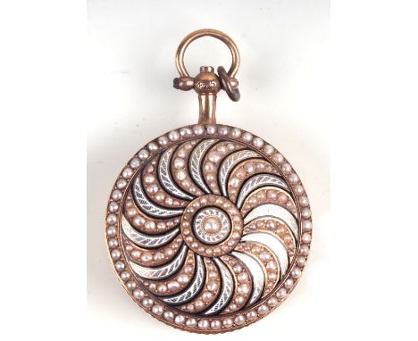A yellow metal (tests as gold) seed pearl and enamel fob watch, the white enamel dial with Arabic numerals, 3cms diameter (a/
