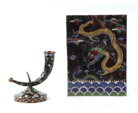 A Chinese cloisonne rotating cornucopia vase, 12cms high; together with a cloisonne panel decorated with a dragon chasing a f