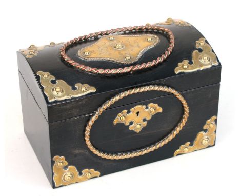 A Victorian dome topped brass and copper mounted coromandel two-division tea caddy with satinwood lined top and division cove