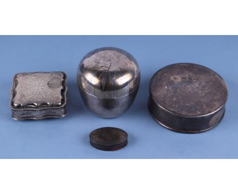 A Victorian circular silver snuff box and cover, Wakely &amp; Wheeler 1879, 7cms diameter,  86g; together with three silver b