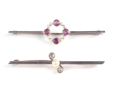 A 15ct gold bar brooch set with a natural button pearl flanked by two diamonds; together with a 9ct gold pink tourmaline and 