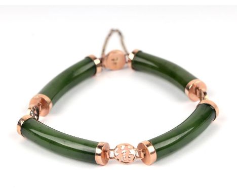 A Chinese 10ct rose gold mounted jade bracelet, total weight 19.3g.