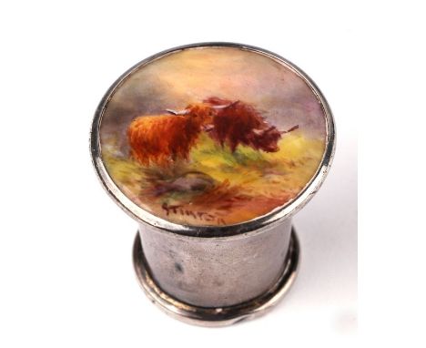 A silver cane top / scent bottle top with inset Royal Worcester panel decorated with Highland cattle, signed 'Stinton', Birmi