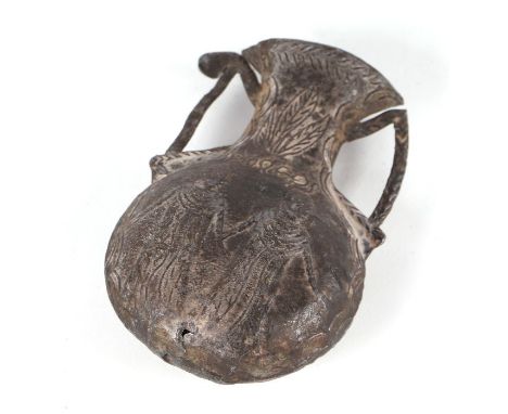 A Billy &amp; Charley Shadwell forgery lead pilgrim's flask dated 1021, 13cms high.