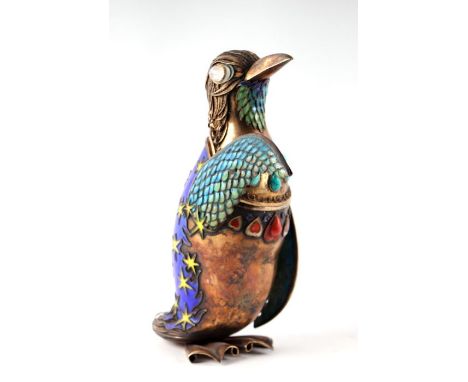 A Chinese silver gilt and cloisonné enamel box in the form of a bird, set with stone cabochons, the base stamped 'Silver', 15