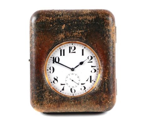 A nickle cased open faced Goliath pocket watch, the white enamel dial with Arabic numerals and subsidiary seconds dial, 10cms