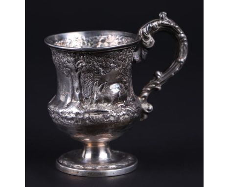 An early Victorian silver christening mug decorated in relief with a hound hunting a hare, initialled 'FMG', London 1839 and 