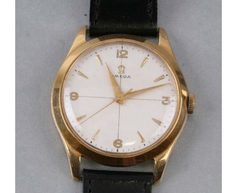 An Omega 18ct gold gentleman's manual wind wristwatch, the silver dial with centre seconds, dagger hands and Roman and Arabic