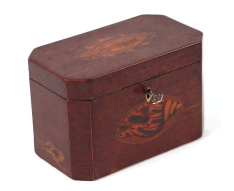 A Regency mahogany two-division tea caddy with shell inlay decoration, 18cms wide.Condition ReportBoth internal covers presen