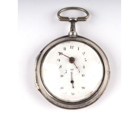 A late 18th century George III silver pear cased pocket watch, the white enamel dial with dials for hours and minutes, fitted