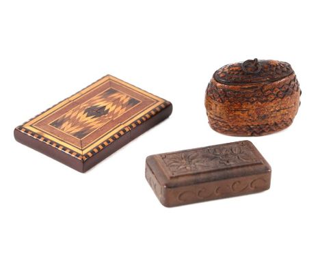 A treen snuff box; together with a Black Forest puzzle vesta case; and an inlaid visiting card case (3).