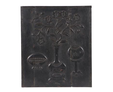 A Chinese hardwood panel carved with a bottle vase and precious objects, 33 by 38cms.