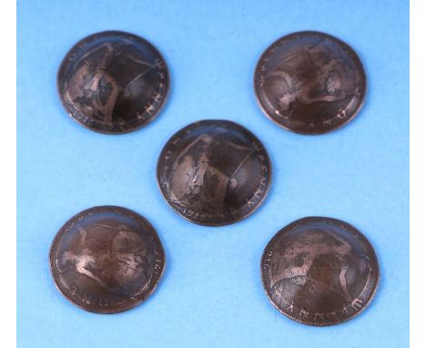 A set of five WW1 British army Brodie helmets made from English copper pennies, each coin dated for a year of the First World